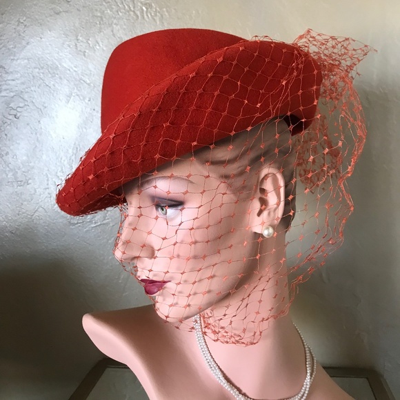 GLAMOROUS VINTAGE ORANGE FELT FEDORA WITH MATCHING FEATHER & INTACT VEIL - Picture 8 of 13